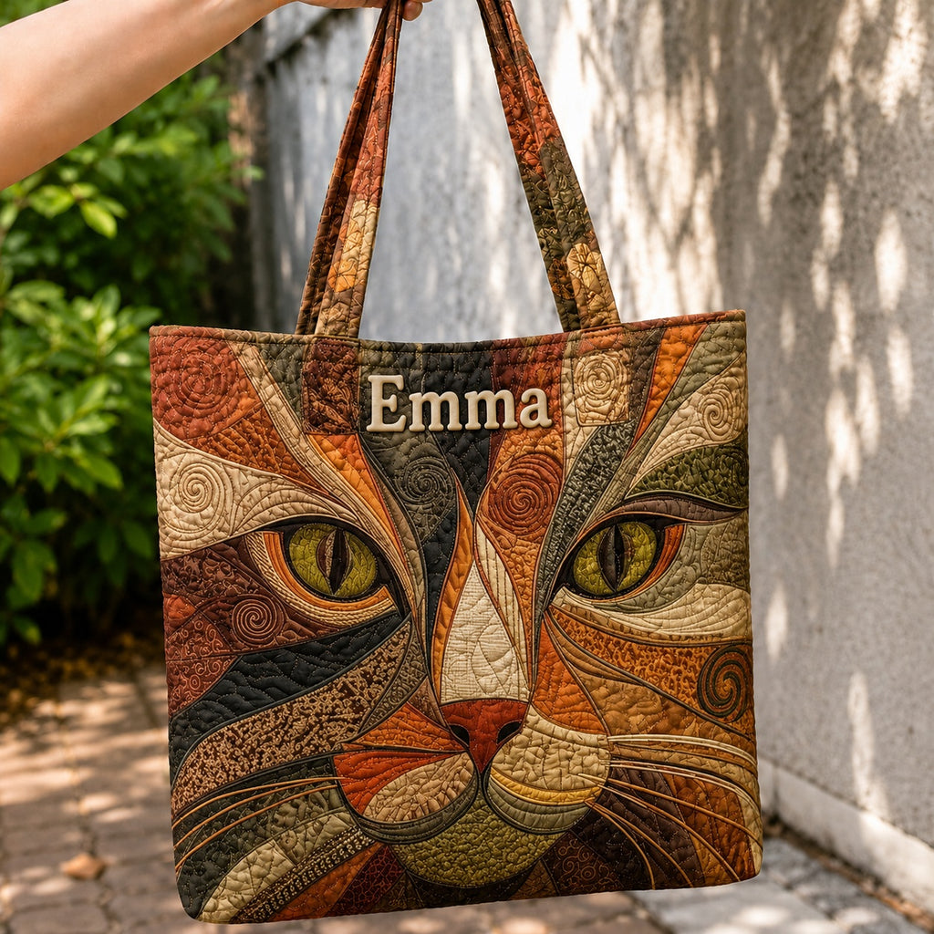 Patchwork Cat Art Quilted Tote Bag, Cat Shoulder Bag, Custom Cat Lover Tote, Fabric Tote Bag, Gift Bag QTOTE47