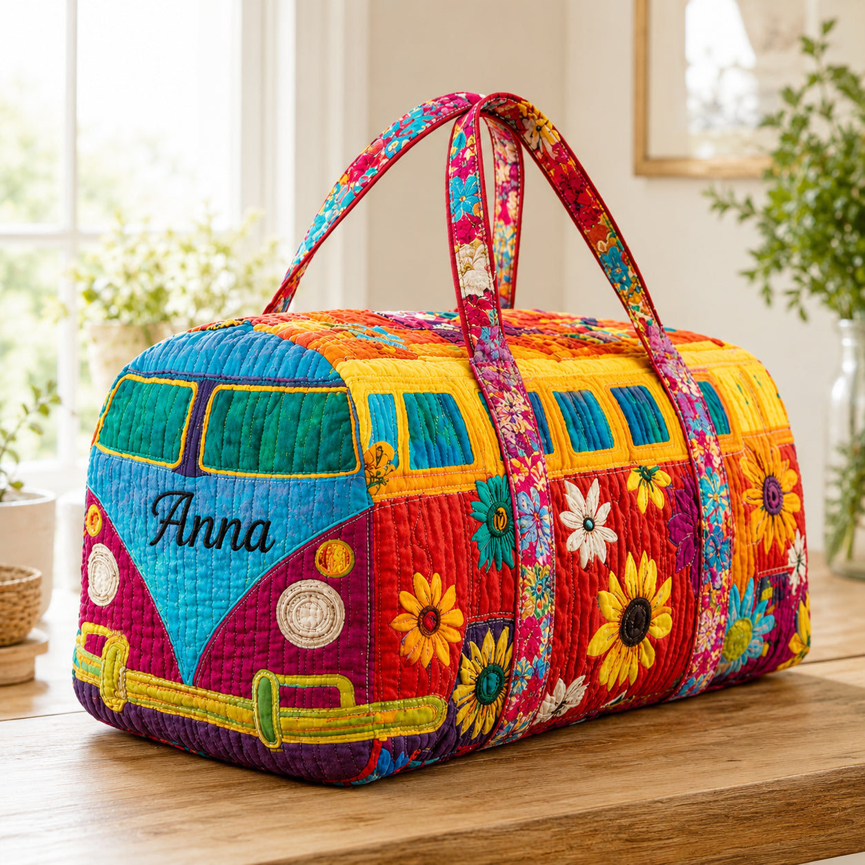 Rainbow Floral Quilted Duffle Bag, Retro Camper Van Quilted Travel Bag, Camper Van Travel Bag, Custom Trip Bag QTTVB15