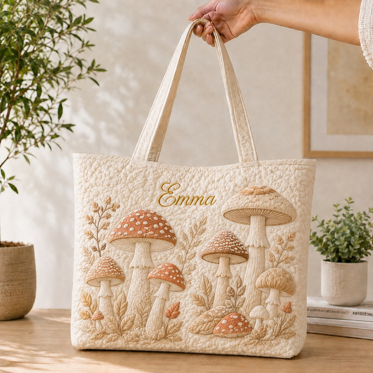Personalized Mushroom Quilted Tote Bag, Custom Mushroom Tote Bag, Tote Bag, Women Bag Gift QTOTE50