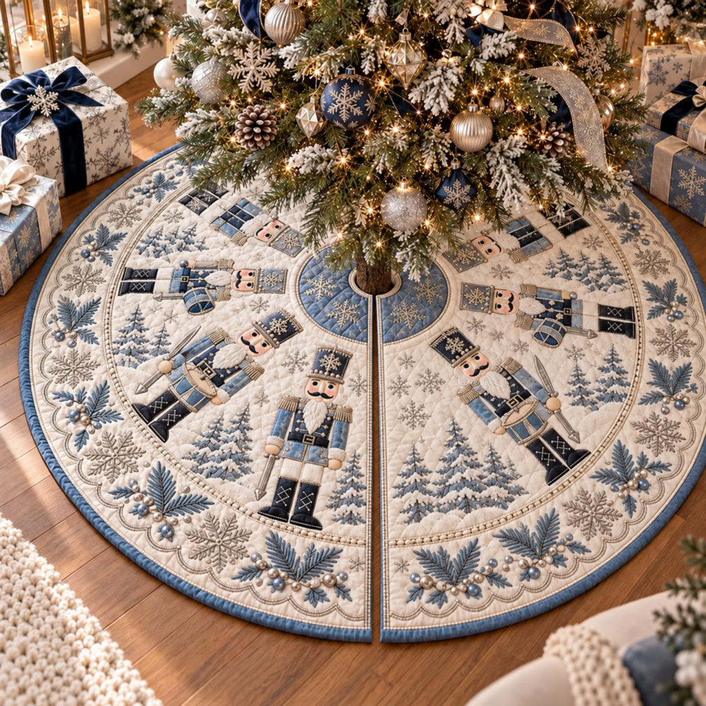 Blue Nutcracker Christmas Quilted Tree Skirt, Patchwork Xmas Tree Skirt, Holiday Decor, Xmas Tree Base Cover, Custom Tree Skirt XMASTS33