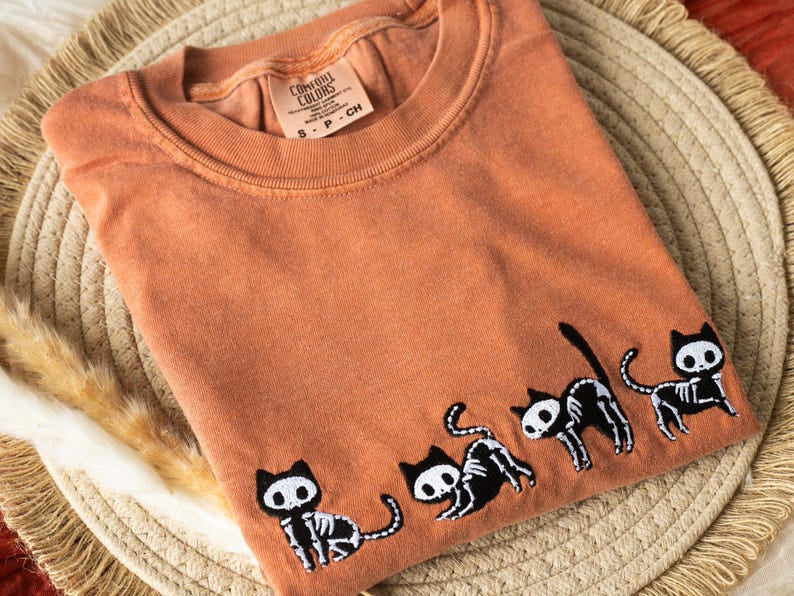 Embroidered Skeleton Cats Shirt, Fall Tee, Skeleton Halloween Shirt, Unisex Shirt HLEM24