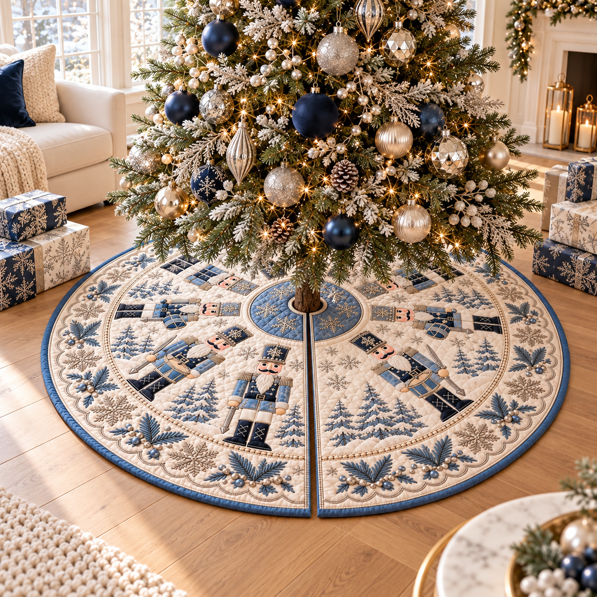 Blue Nutcracker Christmas Quilted Tree Skirt, Patchwork Xmas Tree Skirt, Holiday Decor, Xmas Tree Base Cover, Custom Tree Skirt XMASTS33