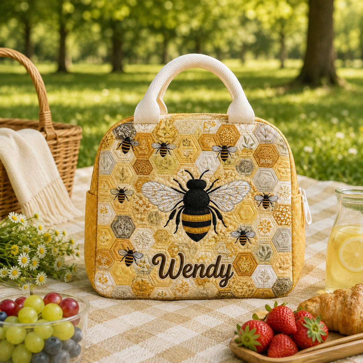 Bee Quilted Lunch Bag, Insulated Quilted Lunch Tote, Honey Bee Pattern Lunch Bag, Custom Lunch Bag, Back To School Bag, Picnic Bag, Reusable Lunch Tote QLB25