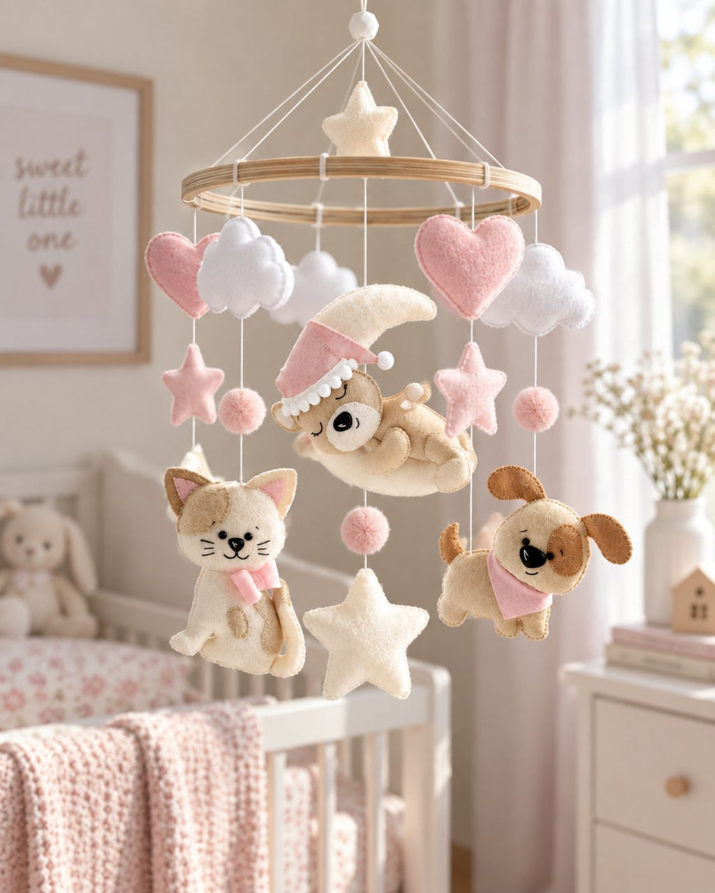 Pink Pet Felt Baby Mobile, Handmade Felt Crib Mobile with Cat Dog Puppy Stars Hearts, Pink Nursery Decor, Baby Girl Room Gift BBMB41