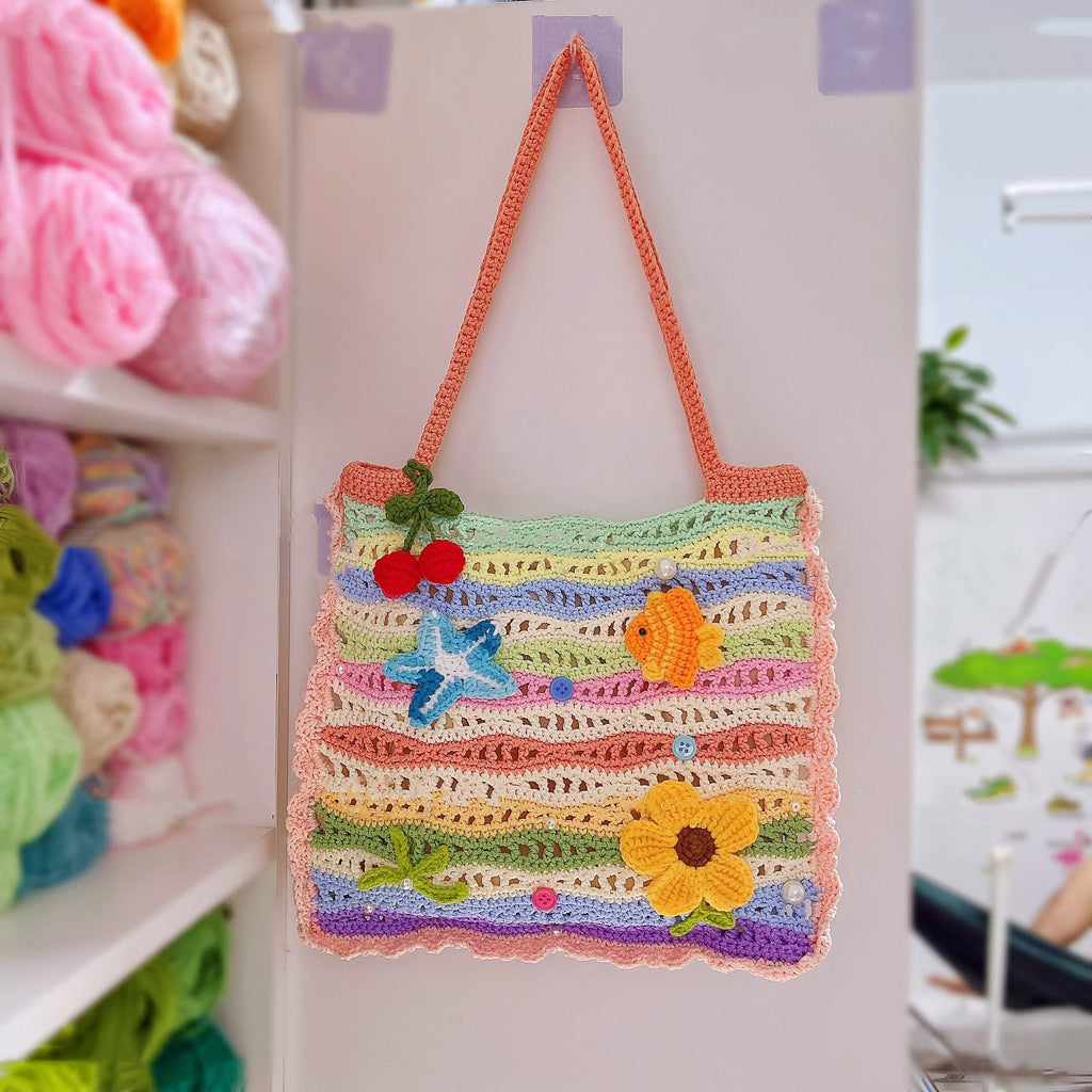Crochet Beach Tote Bag, Colorful Ocean Shoulder Bag, Summer Bag For Her, Starfish Fish Flower Handmade Summer Purse Crochet14