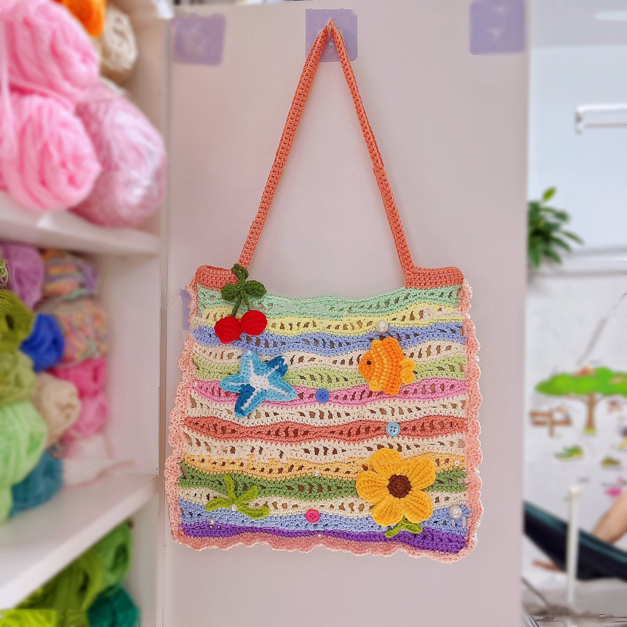 Crochet Beach Tote Bag, Colorful Ocean Shoulder Bag, Summer Bag For Her, Starfish Fish Flower Handmade Summer Purse Crochet14
