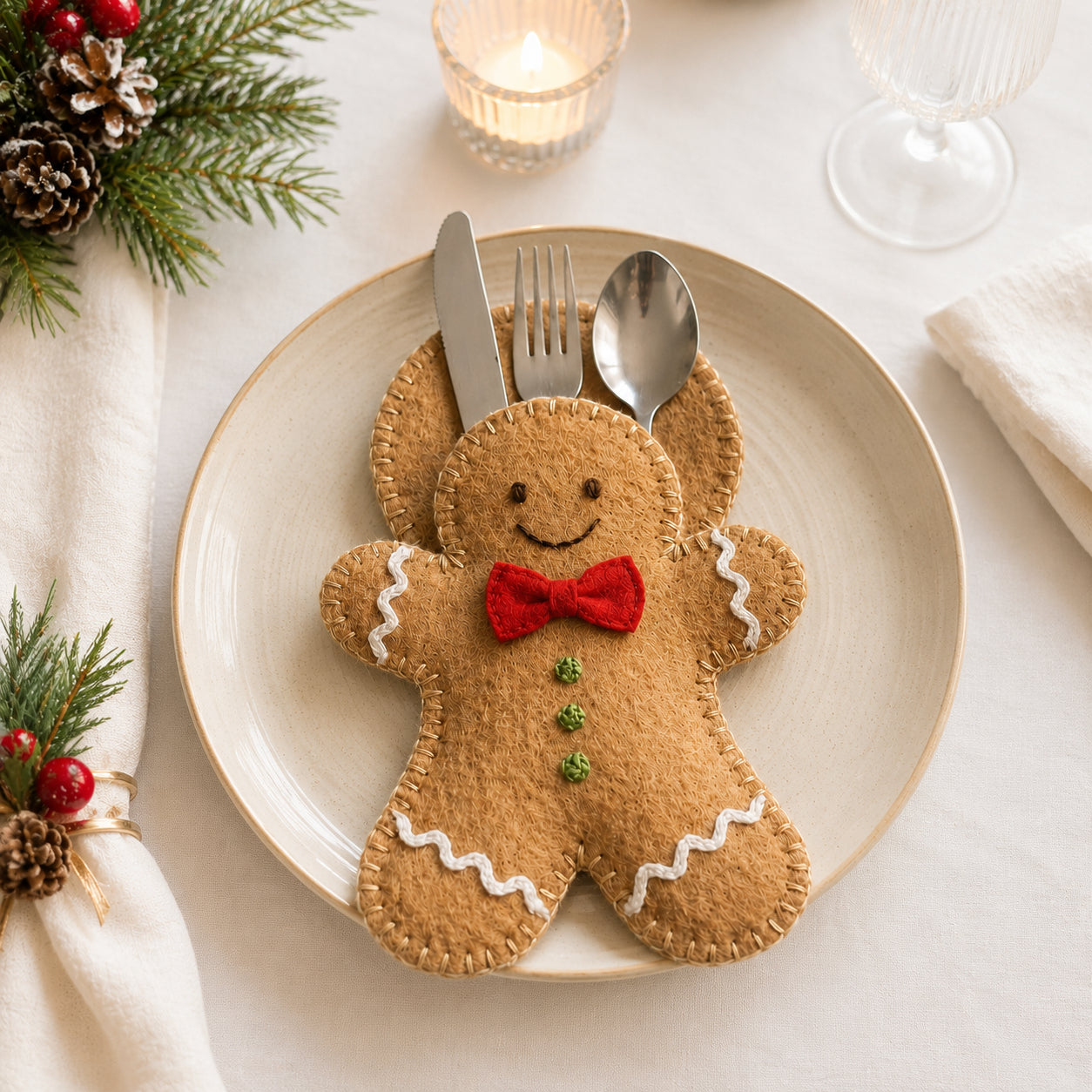 Gingerbread Man Felt Silverware Holder, Christmas Cutlery Pocket, Holiday Table Setting, Festive Decor, Christmas Decor FELTCH24