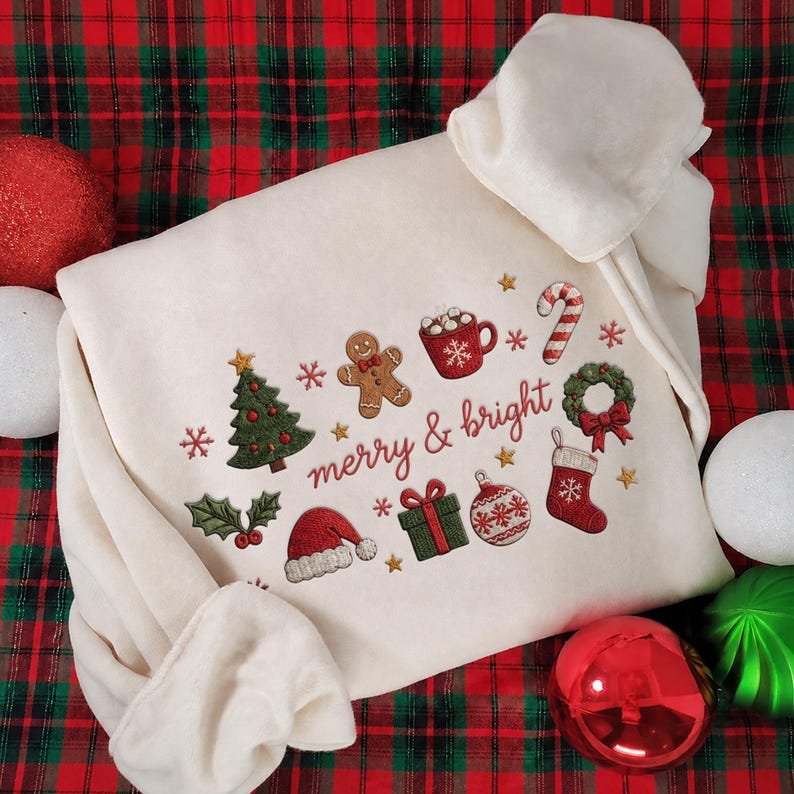 Embroidered Merry And Bright Christmas Sweatshirt, Family Matching Xmas Shirt, Christmas Season Shirt XMASS15