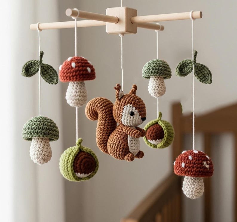 Squirrel Mushroom Baby Crib Mobile, Handmade Crochet Woodland Mobile, Acorn Forest Nursery Decor, Woodland Animal Baby Gift CrochetBBM21
