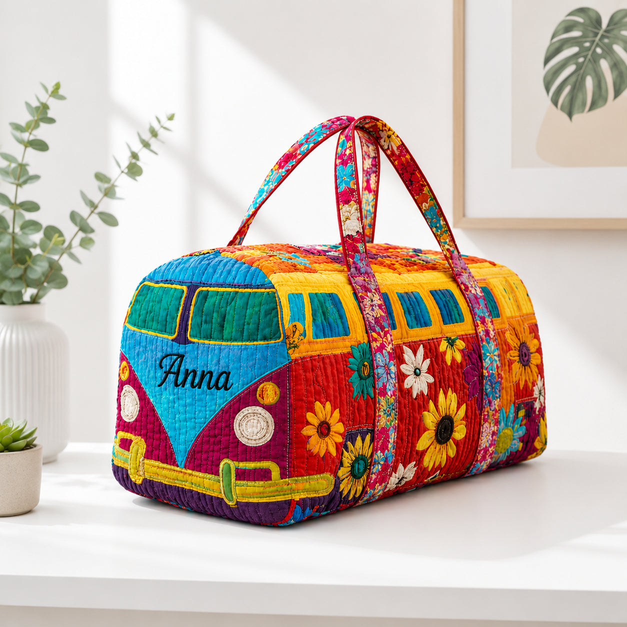 Rainbow Floral Quilted Duffle Bag, Retro Camper Van Quilted Travel Bag, Camper Van Travel Bag, Custom Trip Bag QTTVB15