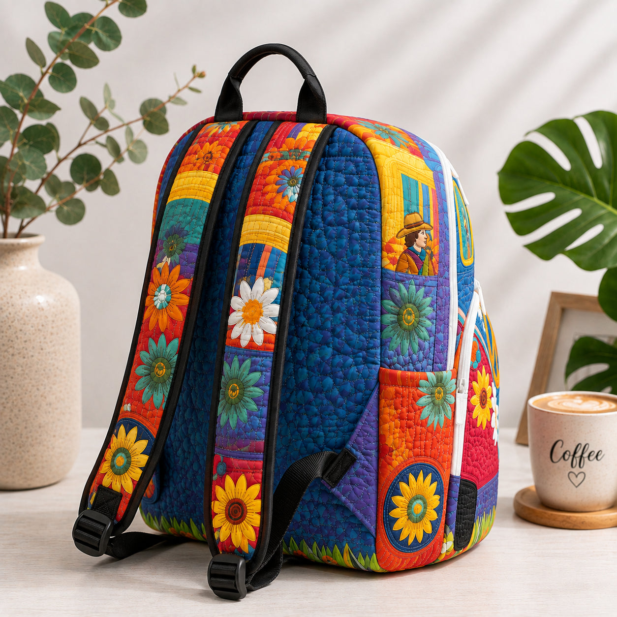 Camper Van Quilted Backpack, Camper Floral Backpack, Mini Travel Bag, School Bag, Back To School Backpack QBP11