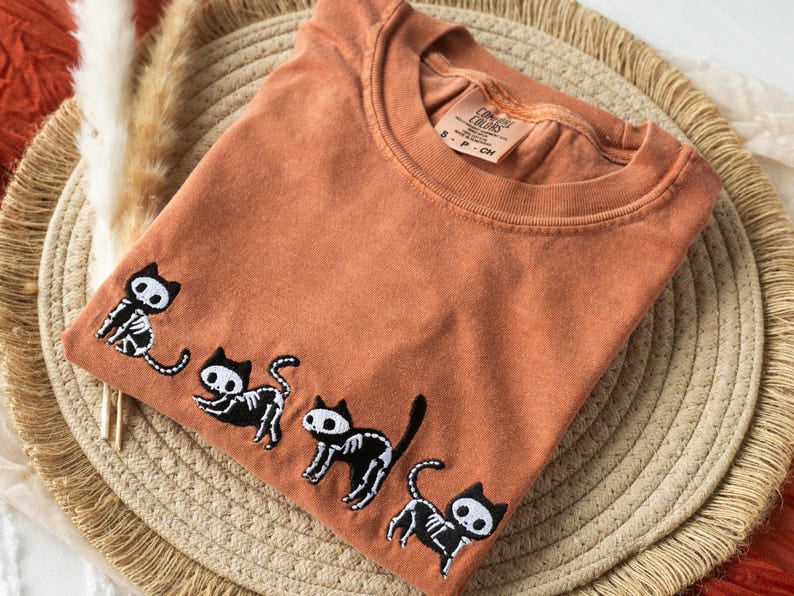 Embroidered Skeleton Cats Shirt, Fall Tee, Skeleton Halloween Shirt, Unisex Shirt HLEM24