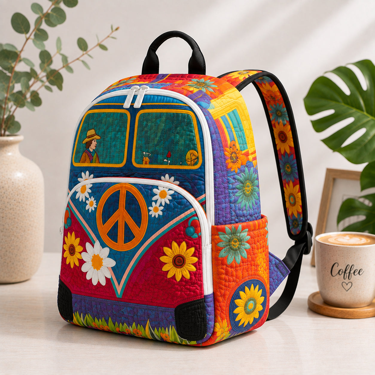 Camper Van Quilted Backpack, Camper Floral Backpack, Mini Travel Bag, School Bag, Back To School Backpack QBP11
