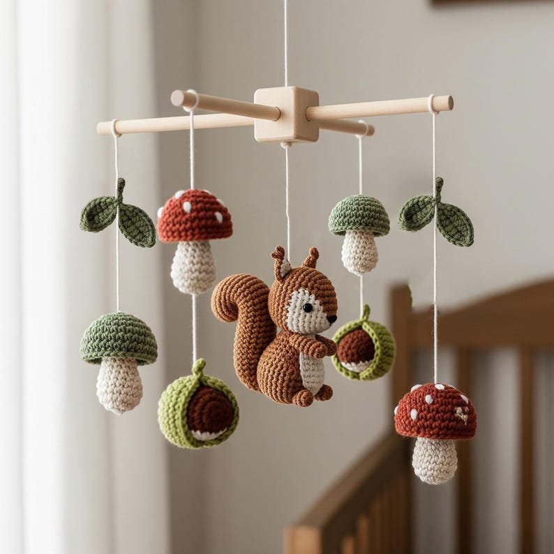 Squirrel Mushroom Baby Crib Mobile, Handmade Crochet Woodland Mobile, Acorn Forest Nursery Decor, Woodland Animal Baby Gift CrochetBBM21
