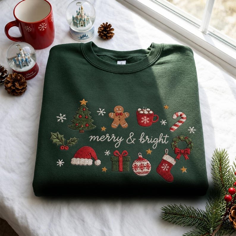 Embroidered Merry And Bright Christmas Sweatshirt, Family Matching Xmas Shirt, Christmas Season Shirt XMASS15