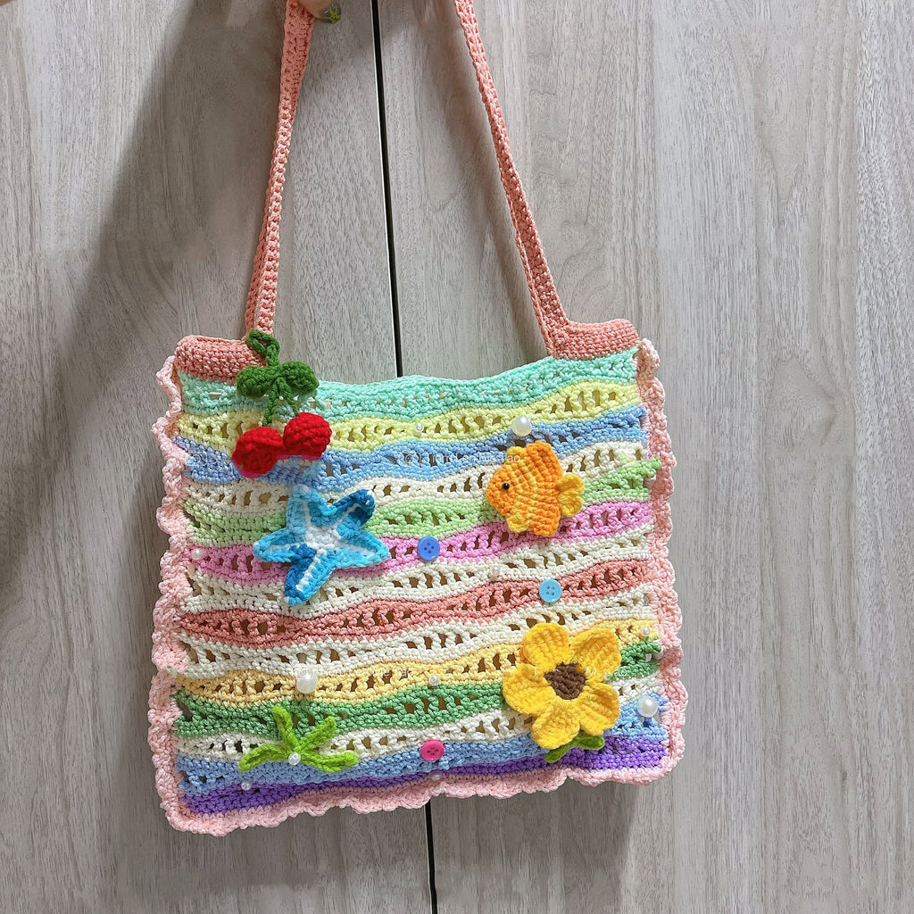 Crochet Beach Tote Bag, Colorful Ocean Shoulder Bag, Summer Bag For Her, Starfish Fish Flower Handmade Summer Purse Crochet14