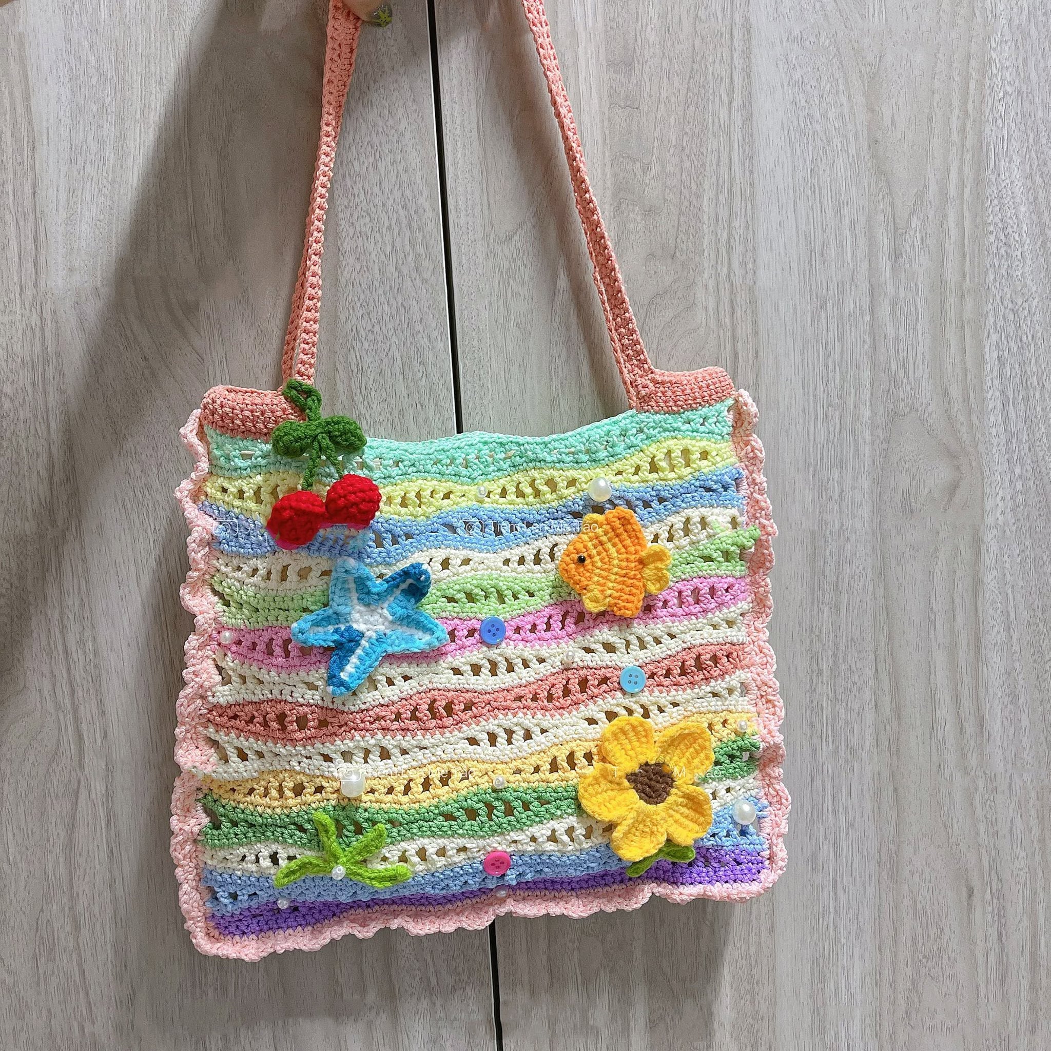 Crochet Beach Tote Bag, Colorful Ocean Shoulder Bag, Summer Bag For Her, Starfish Fish Flower Handmade Summer Purse Crochet14