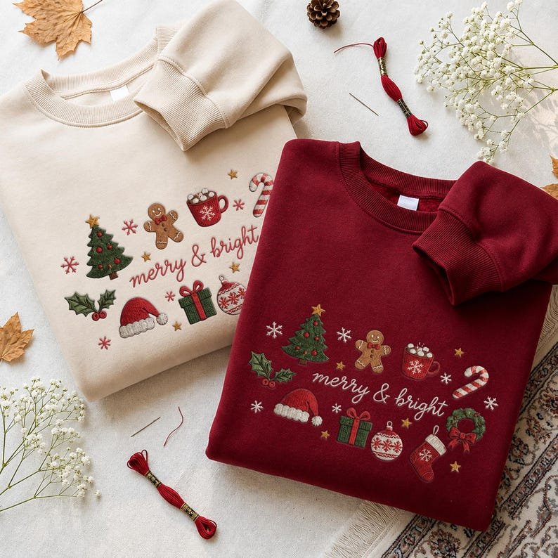 Embroidered Merry And Bright Christmas Sweatshirt, Family Matching Xmas Shirt, Christmas Season Shirt XMASS15