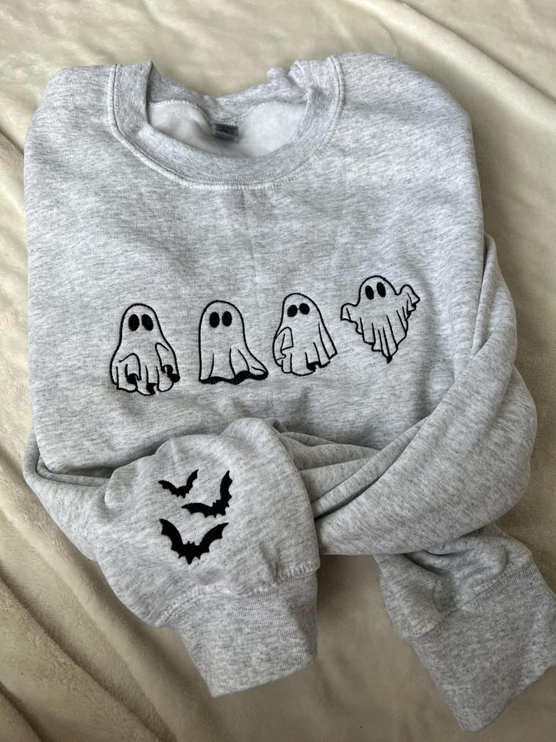 Embroidered Boo Ghost Shirt, Fall Tee, Halloween Bats Ghost Shirt, Embroidery Shirt, Unisex Shirt HLEM25