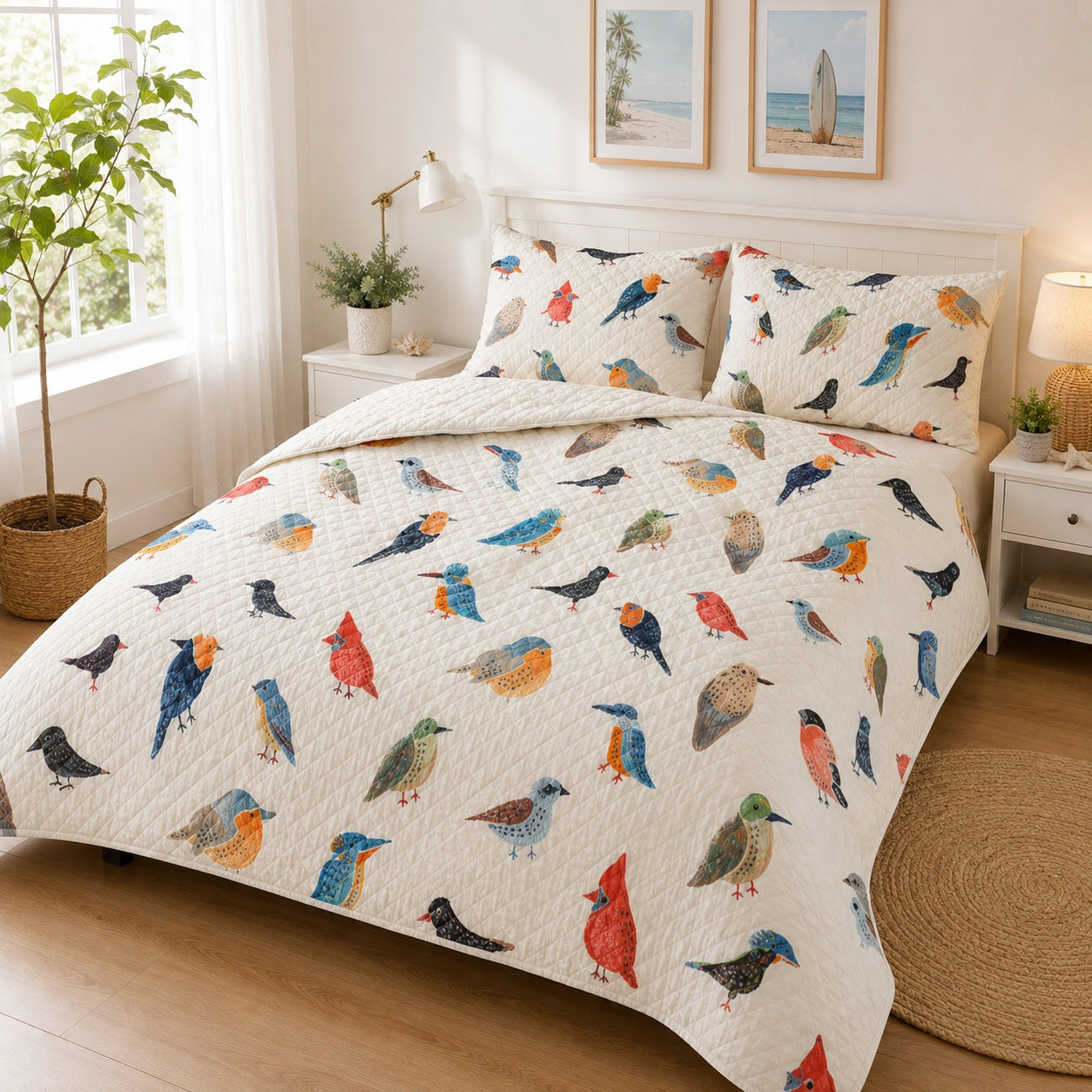Birds Blanket, Bird Quilted Bedding Set, Watercolor Birds Quilt Set with Pillow Covers, Bird Lover Gift, Nature Botanical Bedroom Decor QBEDSET23