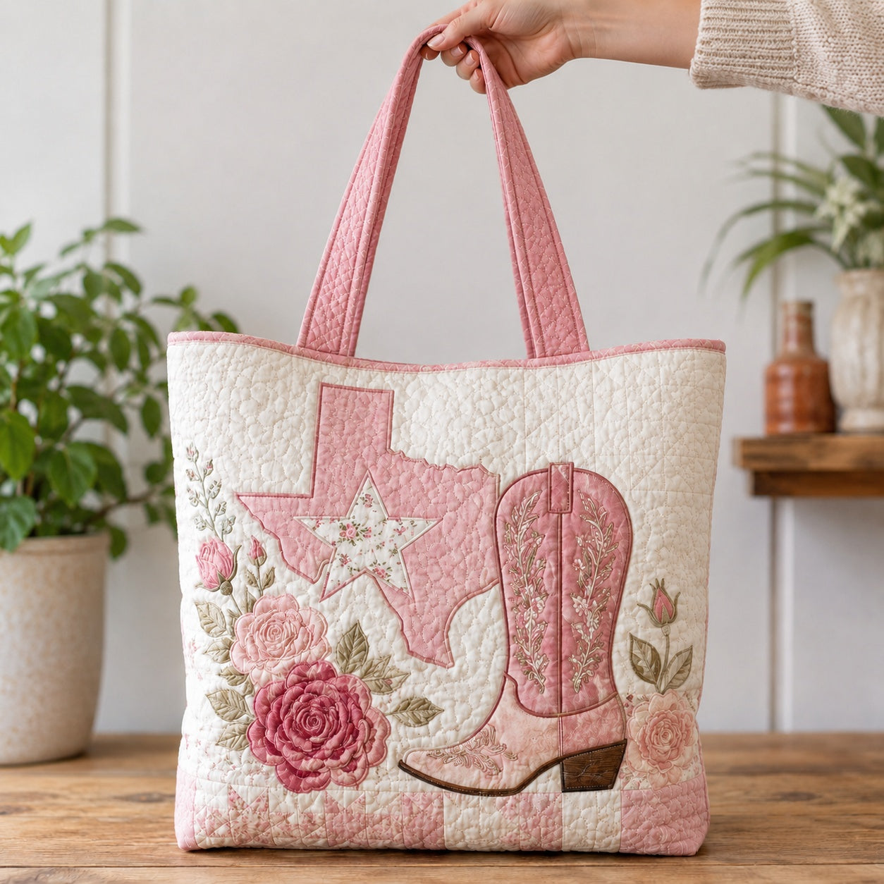 Personalized Quilted Tote Bag, Custom Texas Cowgirl Tote, Western Floral Tote Bag, Pink Cowboy Boot Bag, Custom Name Tote, Country Girl Gift QTOTE49