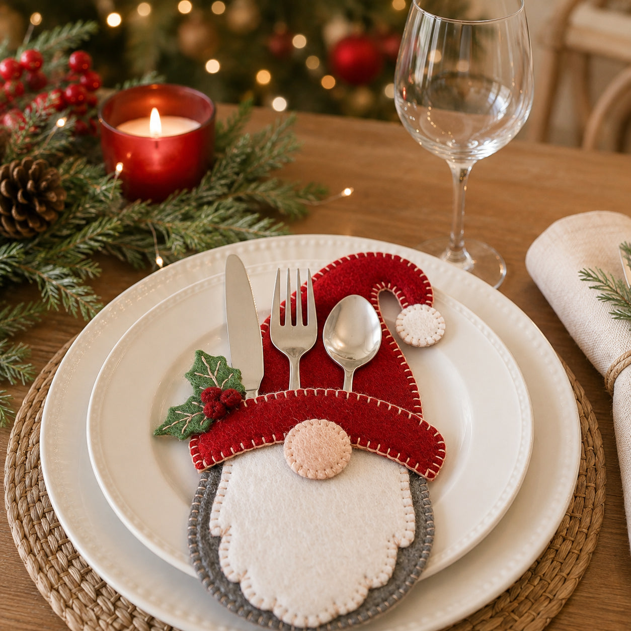 Santa Gnome Felt Silverware Holder, Christmas Cutlery Pocket, Holiday Table Decor, Festive Place Setting, Christmas Decor FELTCH25