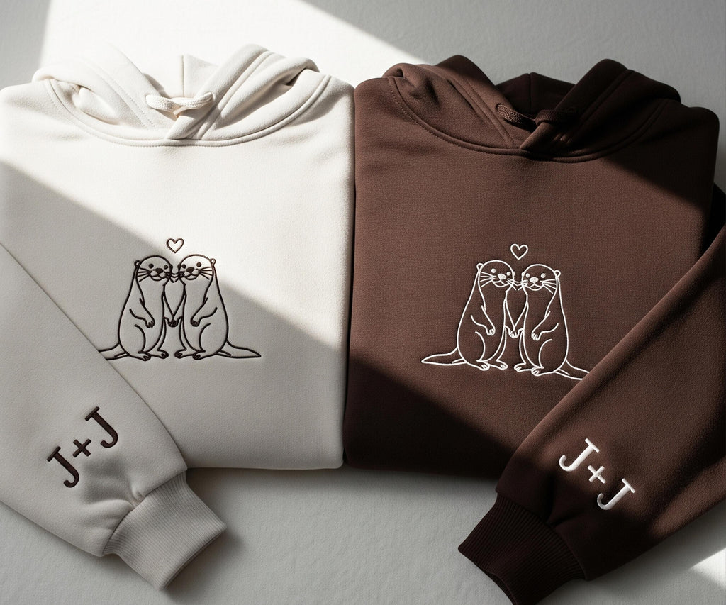 Embroidered Otter Love Matching Couple Hoodie With Personalized Sleeve Initials, Cute Anniversary Sweatshirt Gift For Him And Her, Anniversary Gifts, Gift For Him and Her