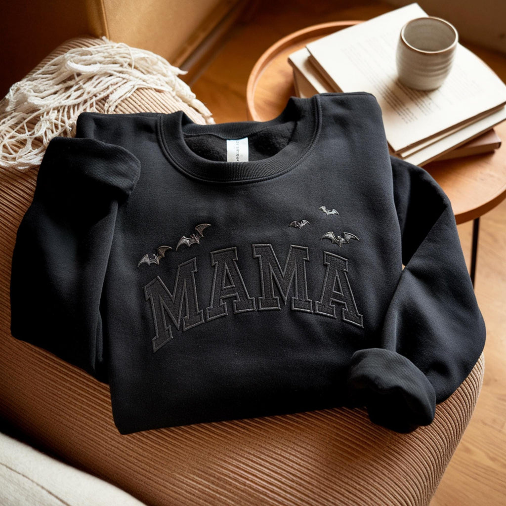 Mama Embroidered Halloween Sweatshirt, Halloween Mom Embroidery Hoodie, Bat Mom Outfit Halloween MAMA Clothing, Mothers Day Gift Crewneck