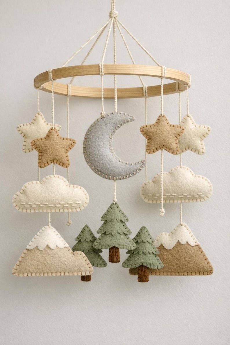 Mountain Baby Mobile, Handmade Felt Crib Mobile with Forest Trees Clouds Moon and Stars, Adventure Nursery Decor, Neutral Baby Gift BBMB42