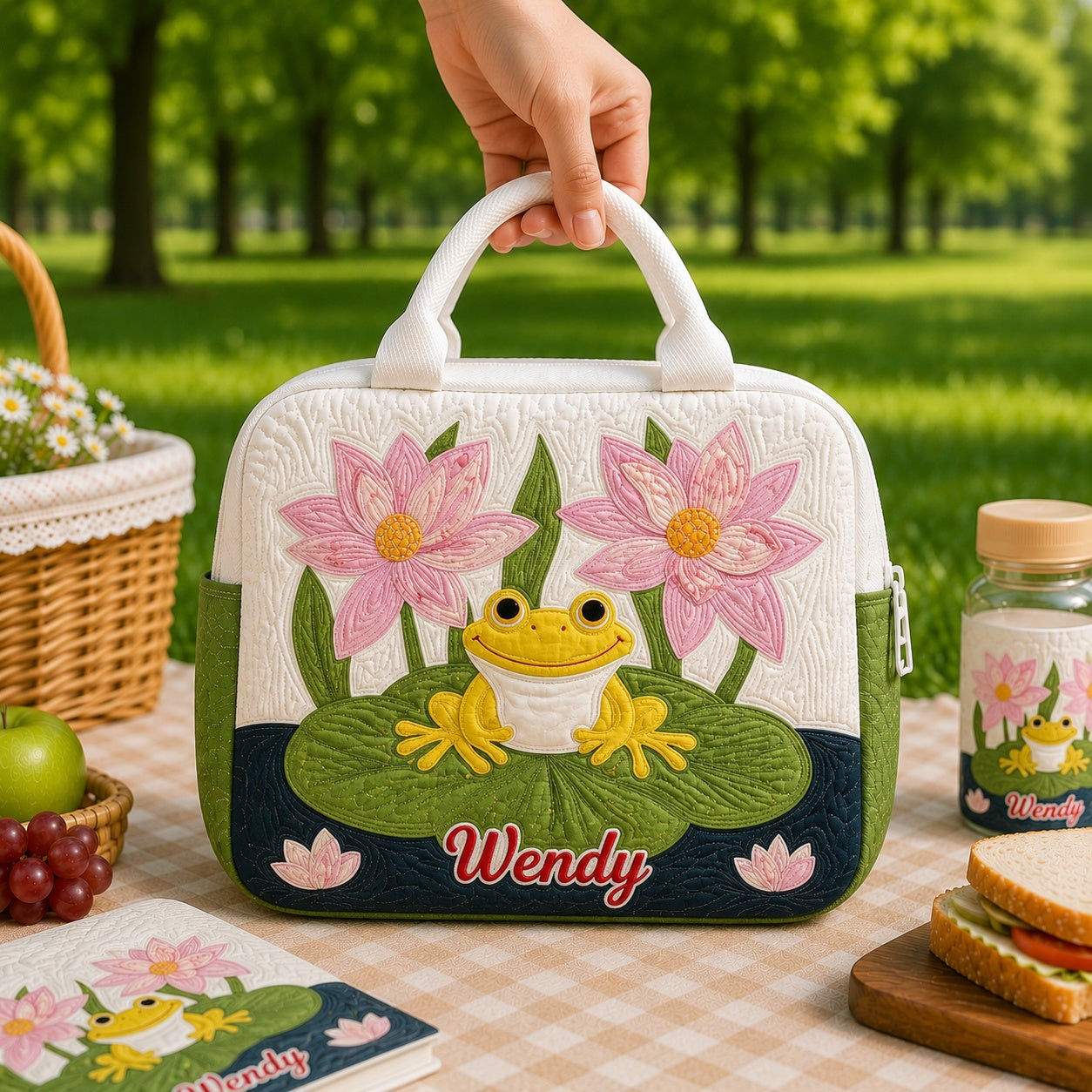 Frog With Lotus Quilted Lunch Bag, Insulated Quilted Lunch Tote, Frog Pattern Lunch Bag, Custom Lunch Bag, Back To School Bag, Picnic Bag, Reusable Lunch Tote QLB26