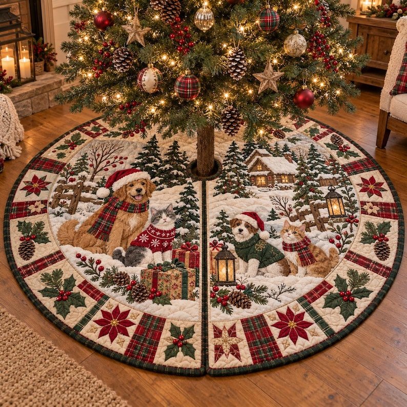 Christmas Dog Cat Quilted Tree Skirt, Patchwork Xmas Tree Skirt, Holiday Decor, Xmas Tree Base Cover, Custom Tree Skirt XMASTS34