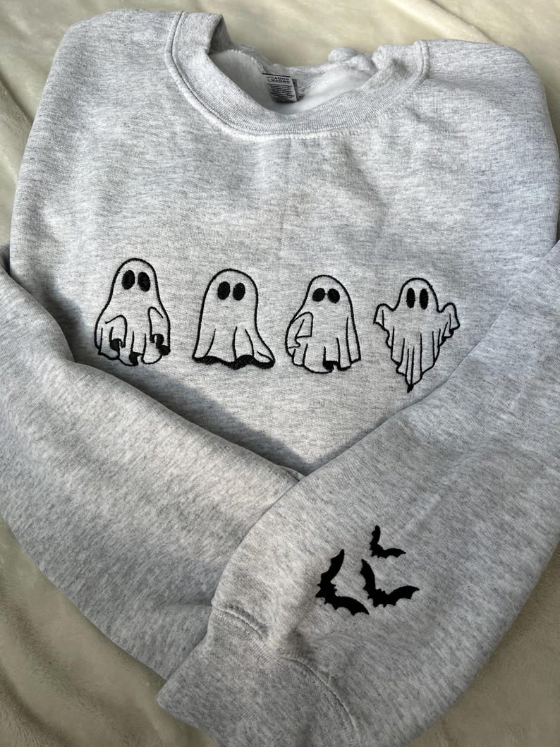 Embroidered Boo Ghost Shirt, Fall Tee, Halloween Bats Ghost Shirt, Embroidery Shirt, Unisex Shirt HLEM25