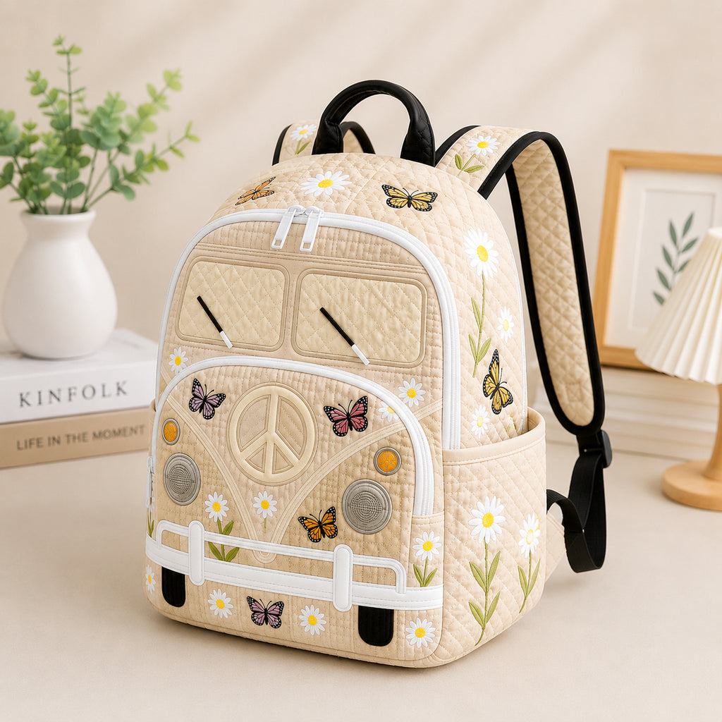 Butterfly Camper Van Quilted Backpack, Camper Floral Backpack, Mini Travel Bag, School Bag, Back To School Backpack QBP12