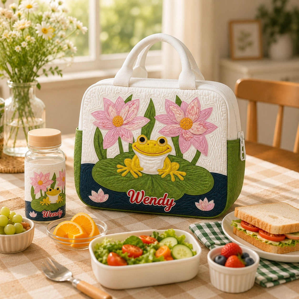Frog With Lotus Quilted Lunch Bag, Insulated Quilted Lunch Tote, Frog Pattern Lunch Bag, Custom Lunch Bag, Back To School Bag, Picnic Bag, Reusable Lunch Tote QLB26