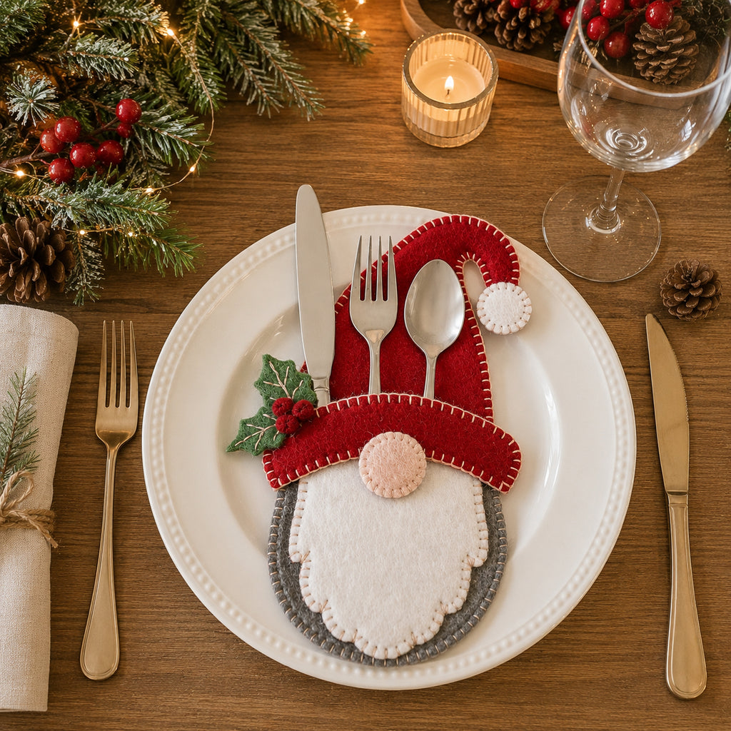 Santa Gnome Felt Silverware Holder, Christmas Cutlery Pocket, Holiday Table Decor, Festive Place Setting, Christmas Decor FELTCH25