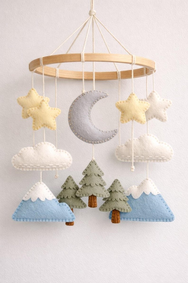 Mountain Baby Mobile, Handmade Felt Crib Mobile with Forest Trees Clouds Moon and Stars, Adventure Nursery Decor, Neutral Baby Gift BBMB42