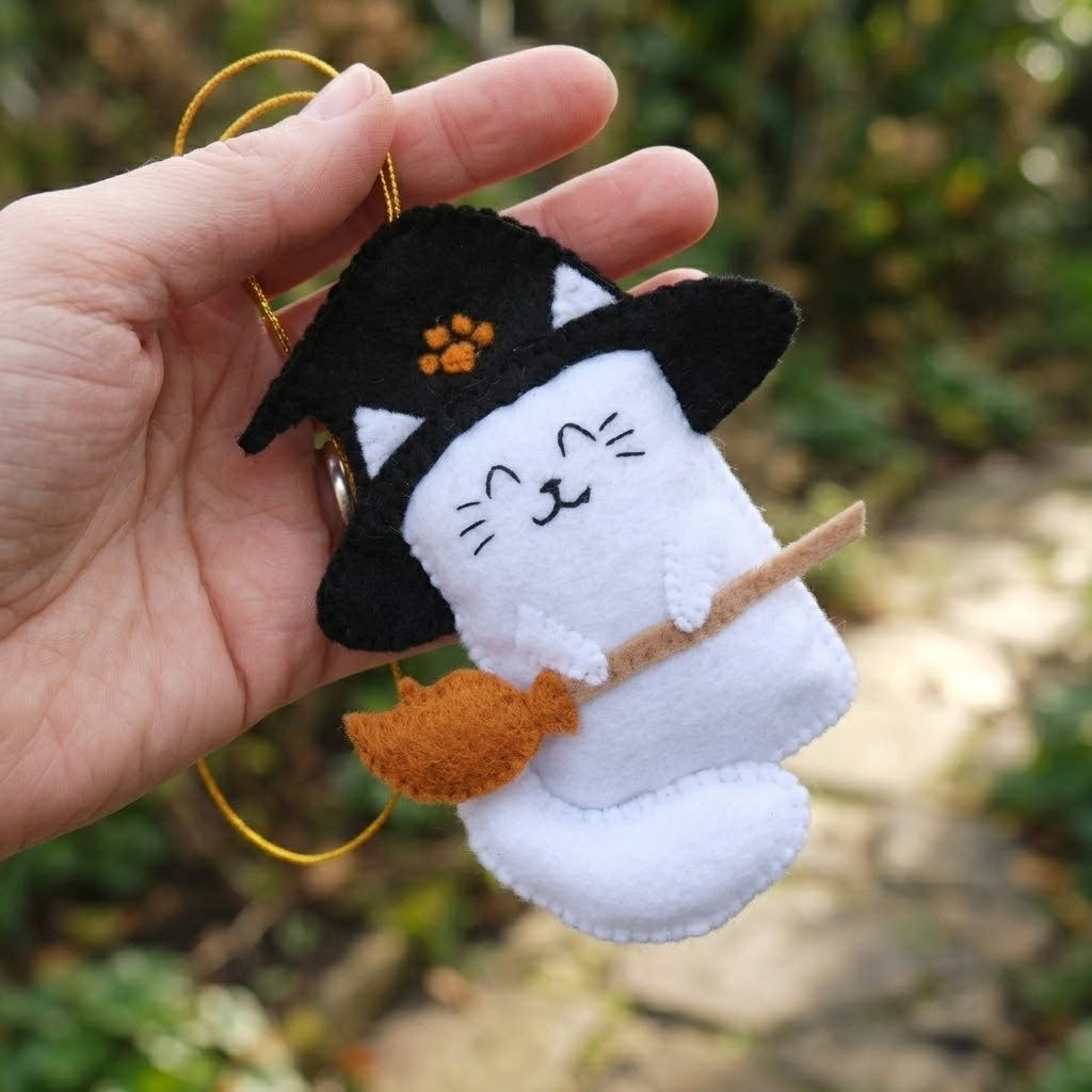 Custom Cat Witch Halloween Felt Ornament, Hand-Embroidery Cat Felt Ornament, Custom Kid Ornament, Halloween Gift HFOR21