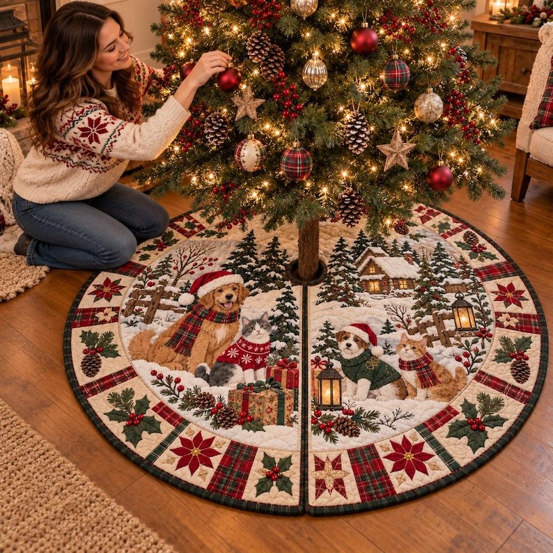 Christmas Dog Cat Quilted Tree Skirt, Patchwork Xmas Tree Skirt, Holiday Decor, Xmas Tree Base Cover, Custom Tree Skirt XMASTS34