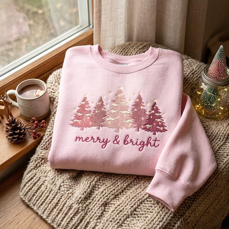 Embroidered Merry And Bright Christmas Sweatshirt, Pink Xmas Shirt, Christmas Season Shirt XMASS16