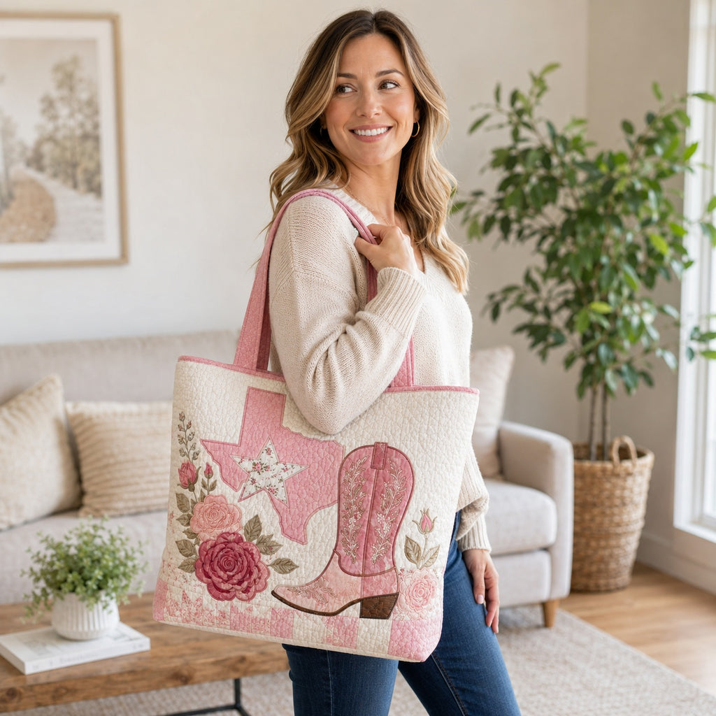 Personalized Quilted Tote Bag, Custom Texas Cowgirl Tote, Western Floral Tote Bag, Pink Cowboy Boot Bag, Custom Name Tote, Country Girl Gift QTOTE49