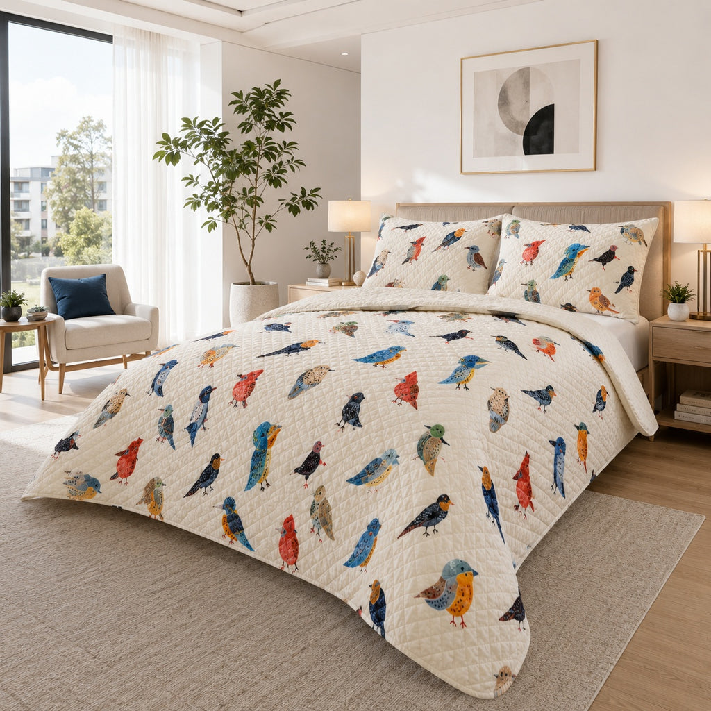 Birds Blanket, Bird Quilted Bedding Set, Watercolor Birds Quilt Set with Pillow Covers, Bird Lover Gift, Nature Botanical Bedroom Decor QBEDSET23