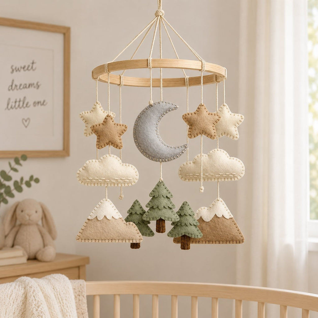 Mountain Baby Mobile, Handmade Felt Crib Mobile with Forest Trees Clouds Moon and Stars, Adventure Nursery Decor, Neutral Baby Gift BBMB42
