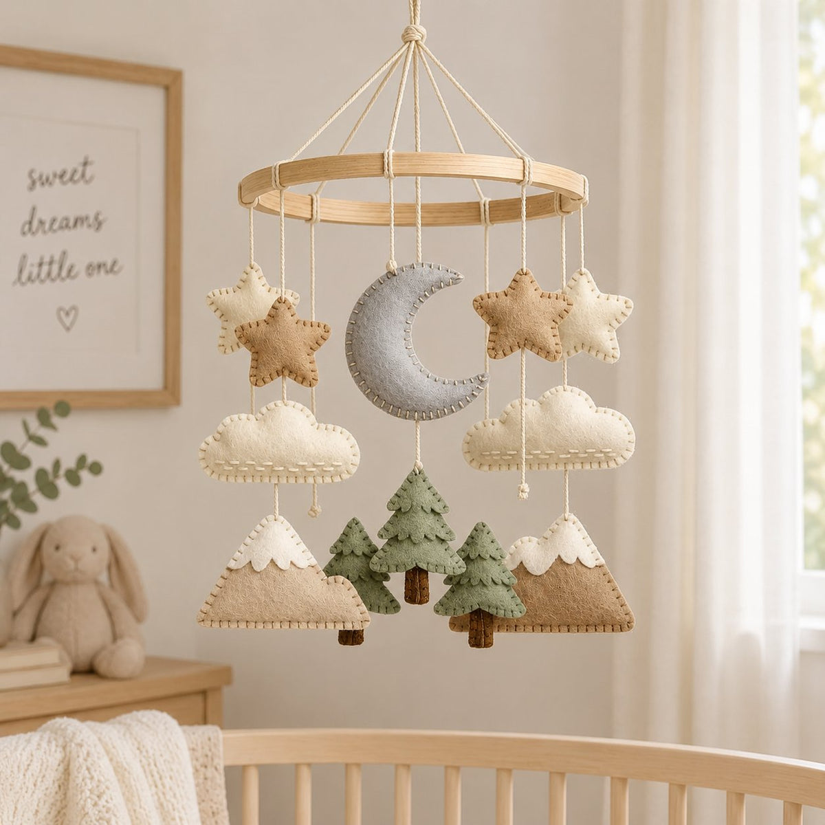 Mountain Baby Mobile, Handmade Felt Crib Mobile with Forest Trees Clouds Moon and Stars, Adventure Nursery Decor, Neutral Baby Gift BBMB42