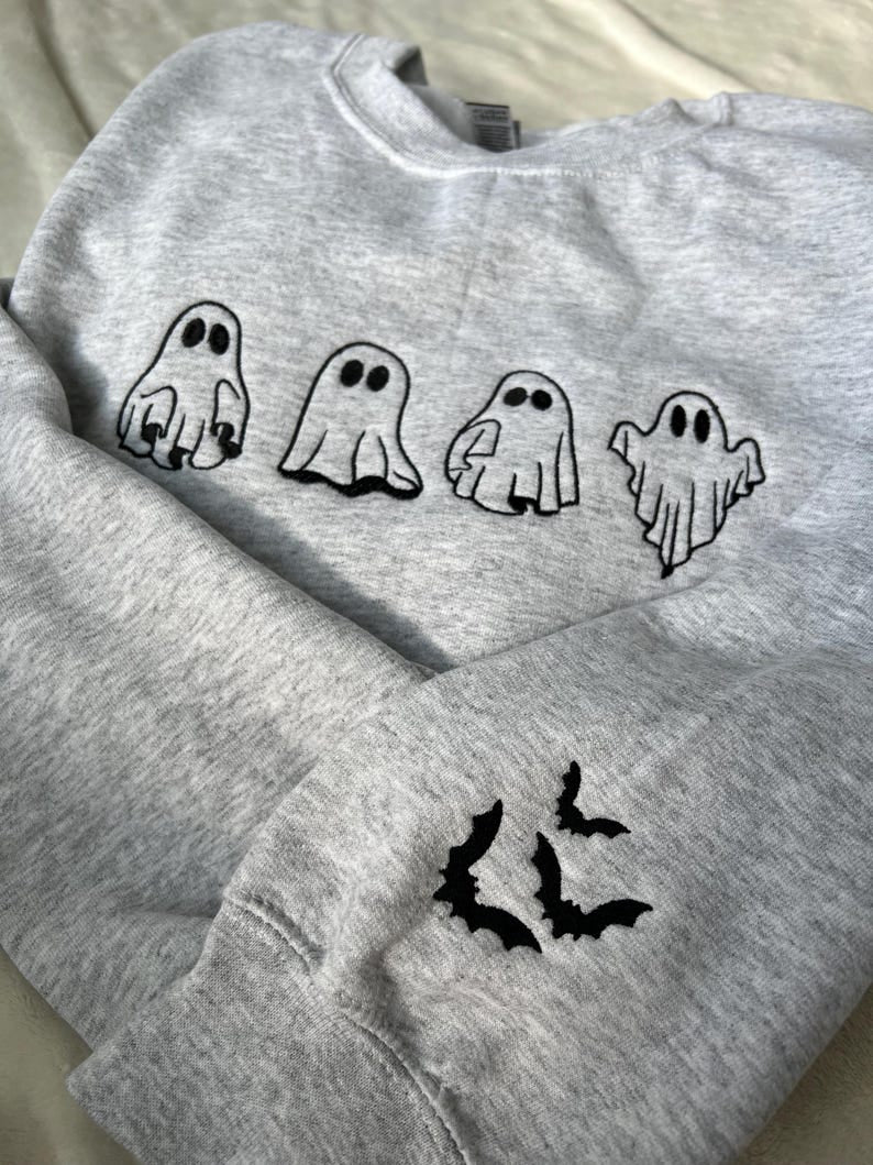 Embroidered Boo Ghost Shirt, Fall Tee, Halloween Bats Ghost Shirt, Embroidery Shirt, Unisex Shirt HLEM25