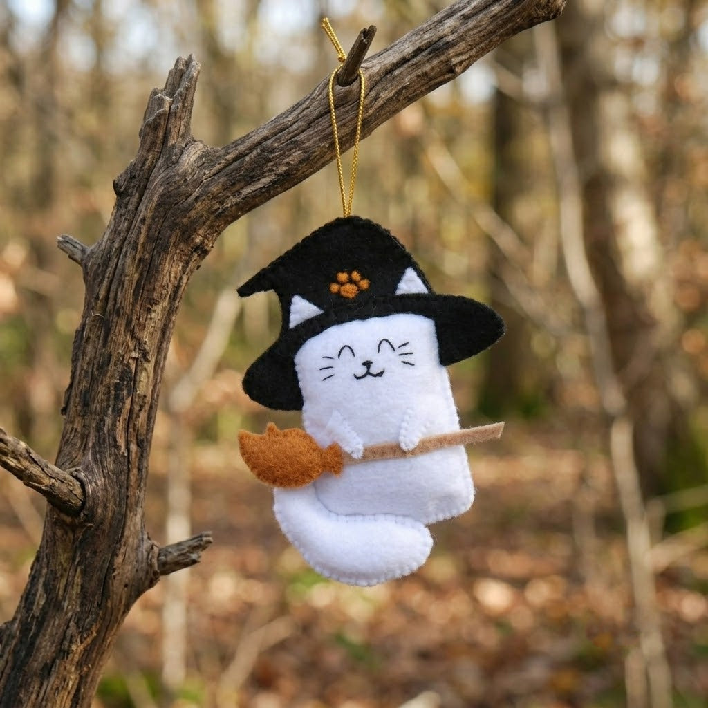 Custom Cat Witch Halloween Felt Ornament, Hand-Embroidery Cat Felt Ornament, Custom Kid Ornament, Halloween Gift HFOR21