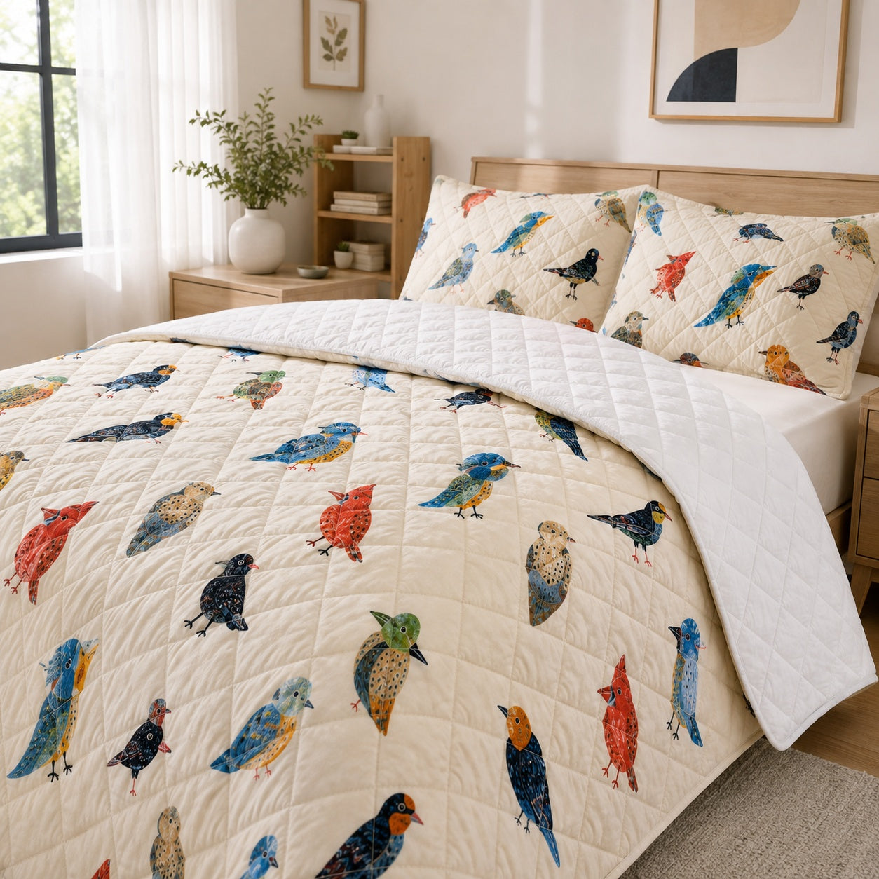 Birds Blanket, Bird Quilted Bedding Set, Watercolor Birds Quilt Set with Pillow Covers, Bird Lover Gift, Nature Botanical Bedroom Decor QBEDSET23