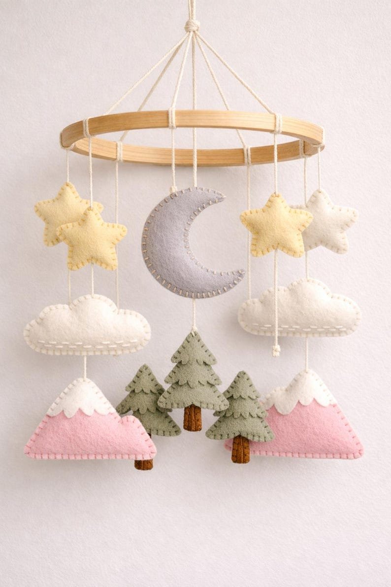 Mountain Baby Mobile, Handmade Felt Crib Mobile with Forest Trees Clouds Moon and Stars, Adventure Nursery Decor, Neutral Baby Gift BBMB42