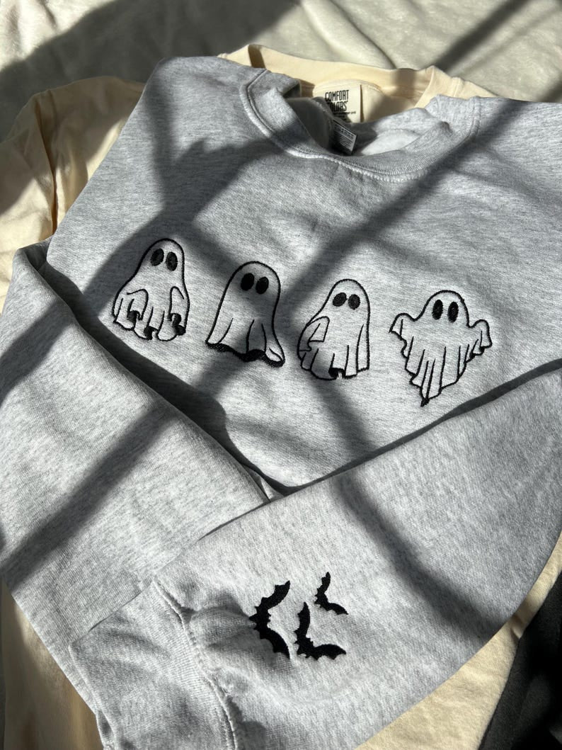 Embroidered Boo Ghost Shirt, Fall Tee, Halloween Bats Ghost Shirt, Embroidery Shirt, Unisex Shirt HLEM25