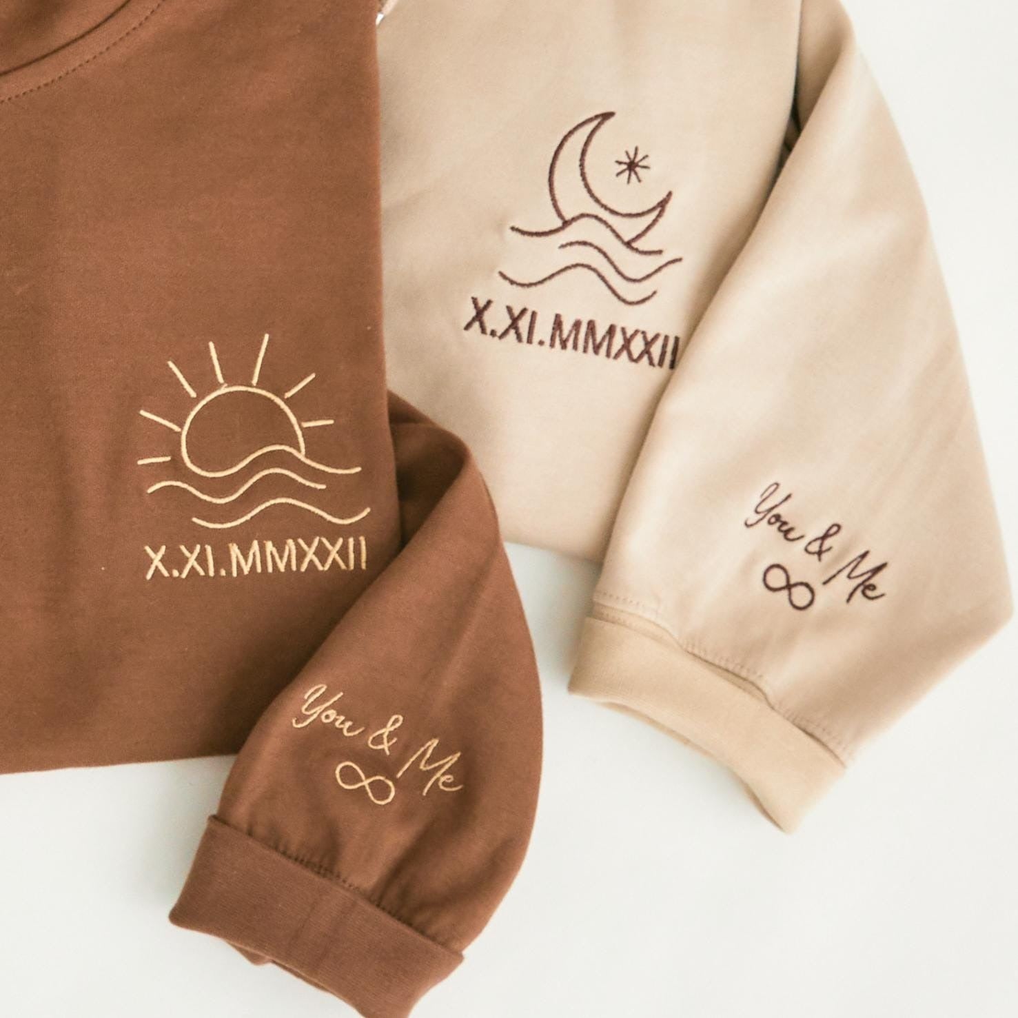 Personalized Couple Hoodie, Sun & Moon Embroidery, Custom Roman Numerals Sweatshirt, His and Hers Outfit, Wedding Gift, Anniversary Hoodie