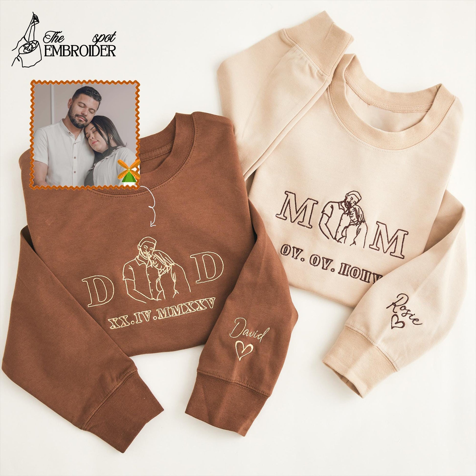 Custom Mom Dad Photo Embroidery Sweatshirt, Couple Embroidered T Shirt, Mother's Day and Father's Gift, Family Portrait Hoodie, Unisex Hoodie, Gift for Mum and Dad